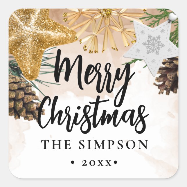 Modern Script Gold Ornaments Merry Christmas Square Sticker (Front)