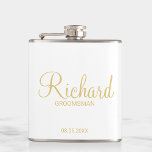Modern Script Gold Personalised Groomsman Hip Flask<br><div class="desc">Modern Gold Personalised Groomsman Gifts featuring personalised groomsman's name in gold modern script font style with title and wedding date in modern sans serif font style. Also perfect for best man, father of the bride, bridesmaid, maid of honour, mother of the bride and more. Please Note: The foil details are...</div>