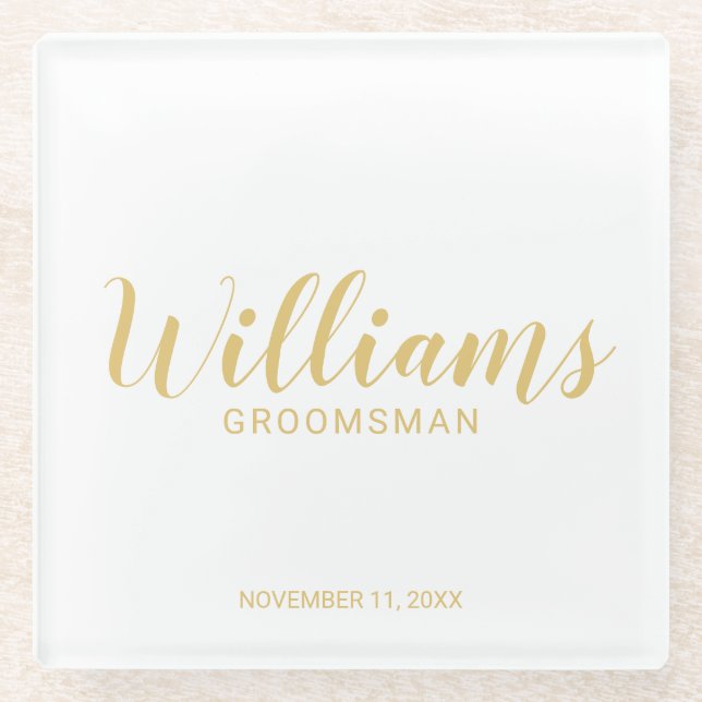 Modern Script Gold Personalised Groomsmen Glass Coaster (Front)