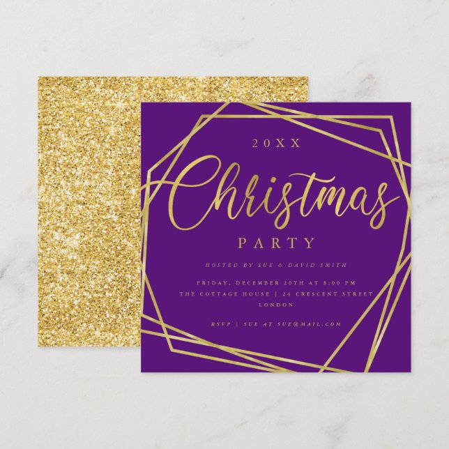 MODERN Script Gold Purple Frame Christmas Party Invitation (Front/Back)