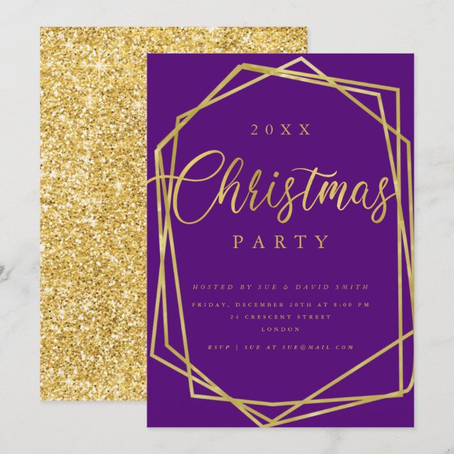 MODERN Script Gold Purple Frame Christmas Party Invitation (Front/Back)