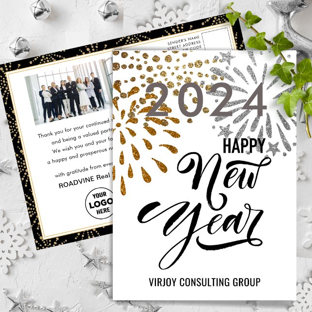 Modern Script Gold Silver Fireworks Business Photo Postcard (Creator Uploaded)