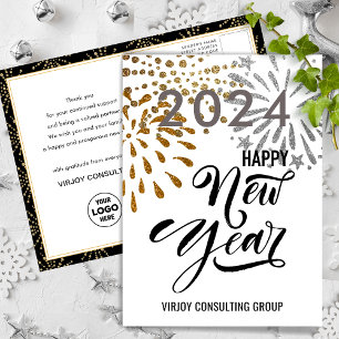 Modern Script Gold Silver Fireworks Business Postcard