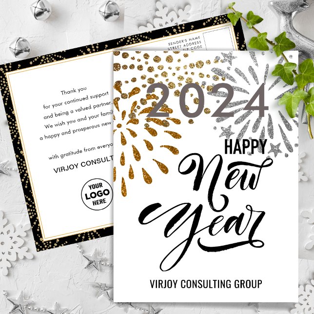 Modern Script Gold Silver Fireworks Business Postcard (Creator Uploaded)