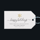 Modern Script Gold Snowflake Business Holiday Gift Tags<br><div class="desc">Modern minimalist business holiday gift tag with elegant script calligraphy reading HAPPY HOLIDAYS under a printed golden snowflake. Below is space for your custom message as well as additional space on the back for more detailed greetings.</div>