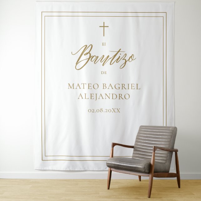 Modern Script Gold Spanish Bautizo Backdrop Tapestry (In Situ)