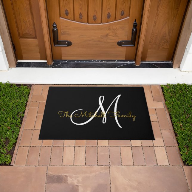 Modern Script Gold White Monogram Family Name  Doormat (Outdoor)