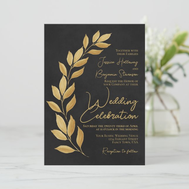 Modern Script Golden Leaves on Black Wedding Invitation (Standing Front)