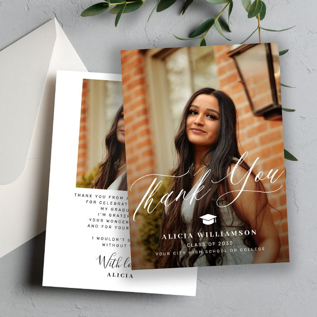 Modern script graduate 2 photo graduation thank you card (Creator Uploaded)