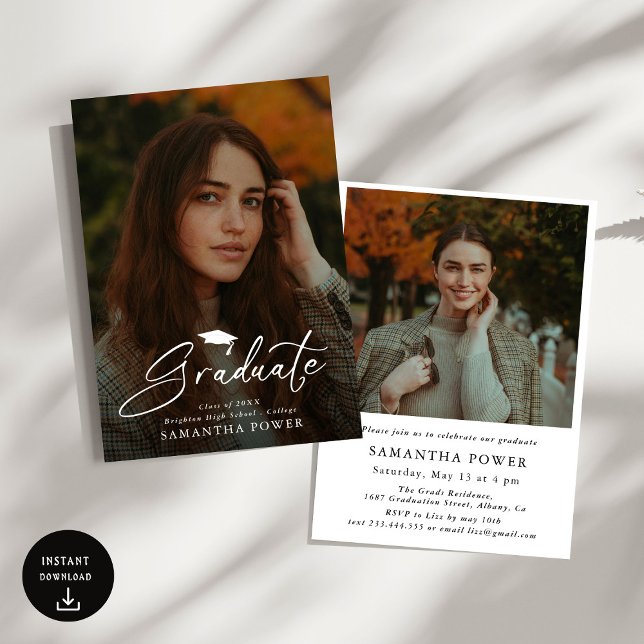 Modern Script  Graduate 2 Photos Graduation Invitation (Creator Uploaded)