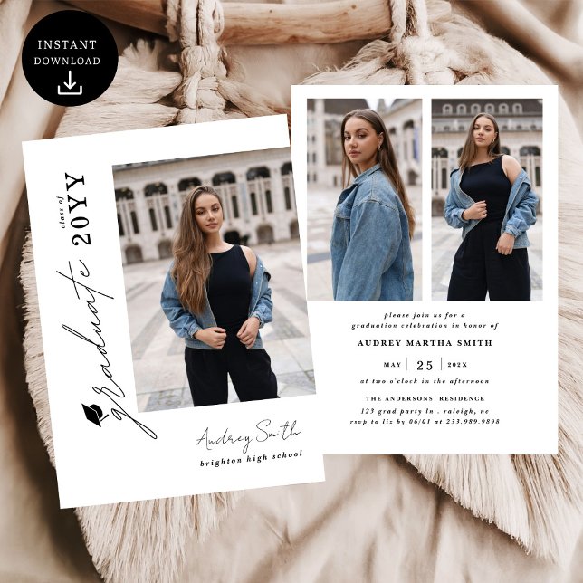 Modern Script Graduate 3 Photo Graduation Invitation (Creator Uploaded)
