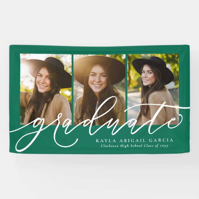 Modern script graduate 3 photo green graduation banner (Horizontal)