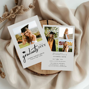 Modern Script Graduate 4 Photo Grey Graduation Invitation