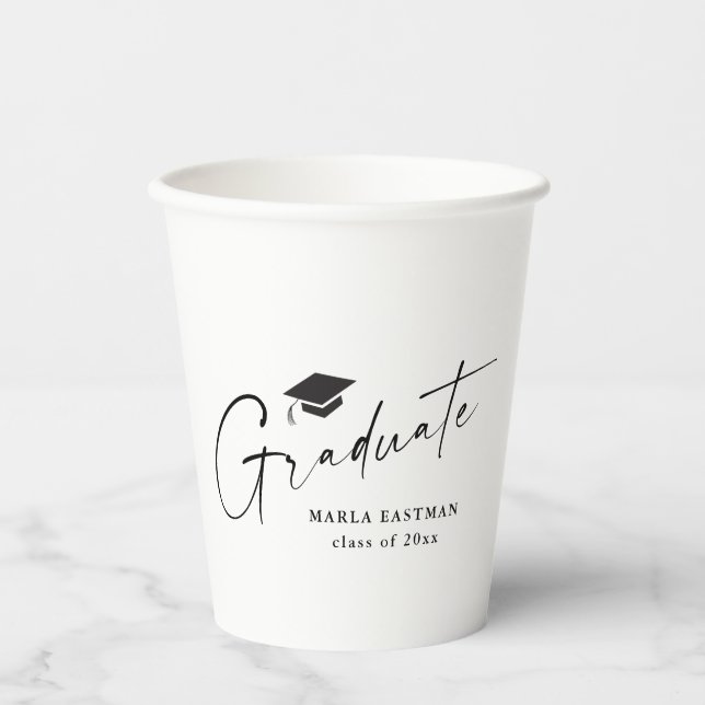 Modern Script Graduate Black and White Graduation  Paper Cups (Front)