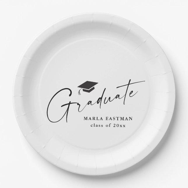 Modern Script Graduate Black and White Graduation  Paper Plate (Front)
