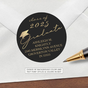Modern Script Graduate Black Gold Cap Classic Round Sticker