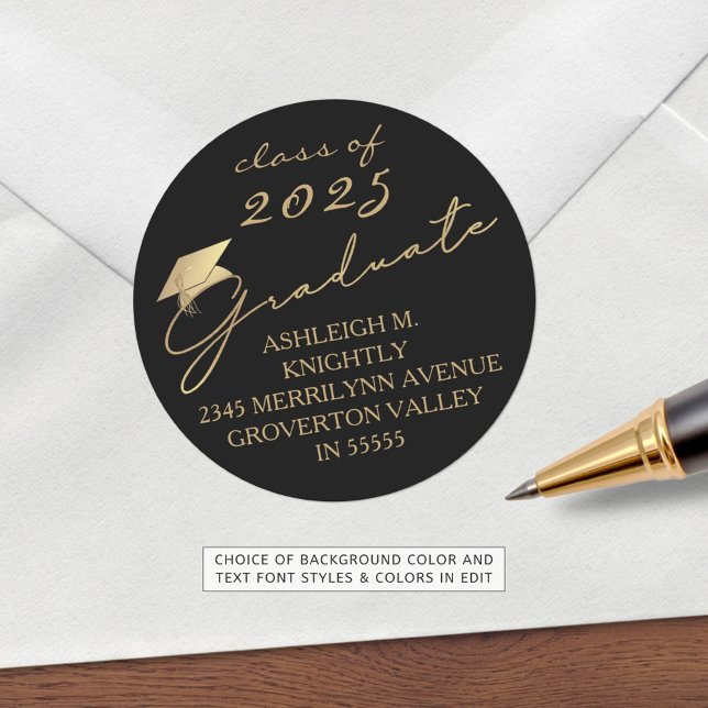 Modern Script Graduate Black Gold Cap Classic Round Sticker (Creator Uploaded)