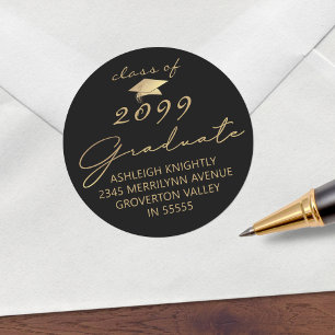 Modern Script Graduate Black Gold Classic Round Sticker