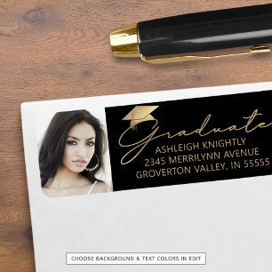 Modern Script Graduate Cap Photo Black Gold