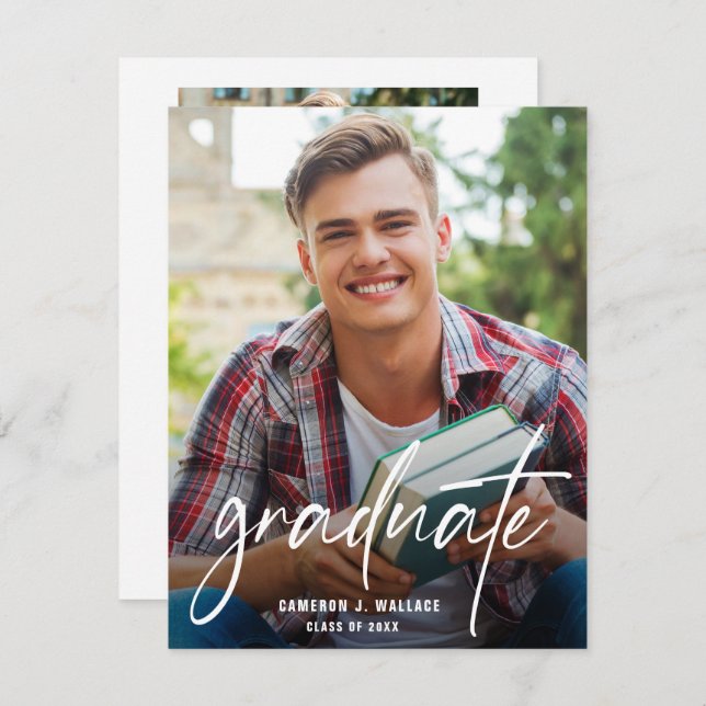 Modern Script Graduate Custom Photos Graduation Announcement (Front/Back)