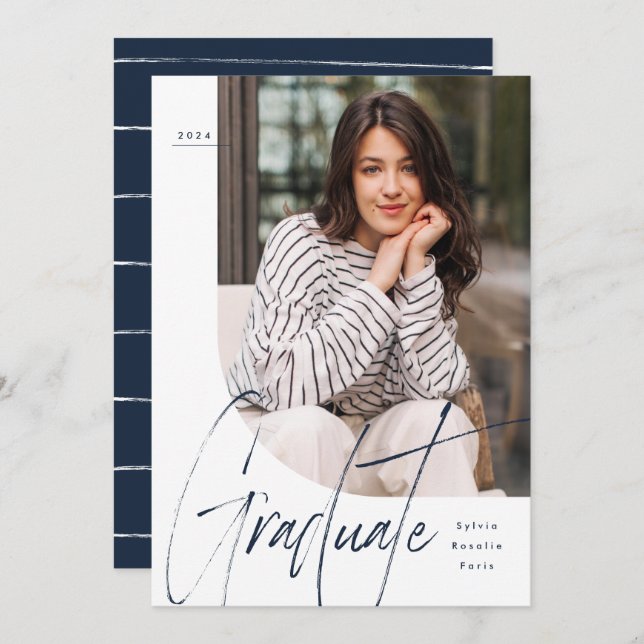 Modern script graduate navy two photo graduation announcement (Front/Back)