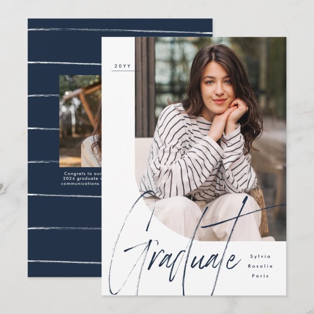 Modern script graduate navy two photo graduation announcement (Front/Back)