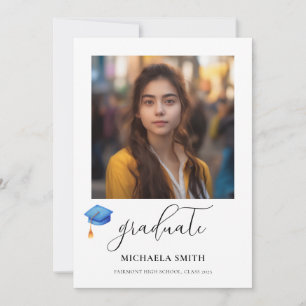 Modern Script Graduate Photo Blue Graduation Cap Announcement