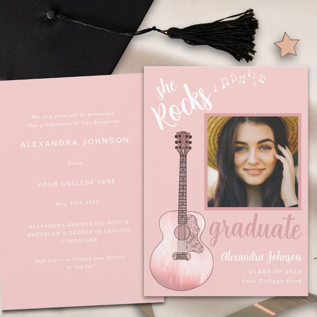 Modern Script Graduate Photo Pink Guitar Invitation (Fun pink country music graduate photo stylish script graduation announcement card)