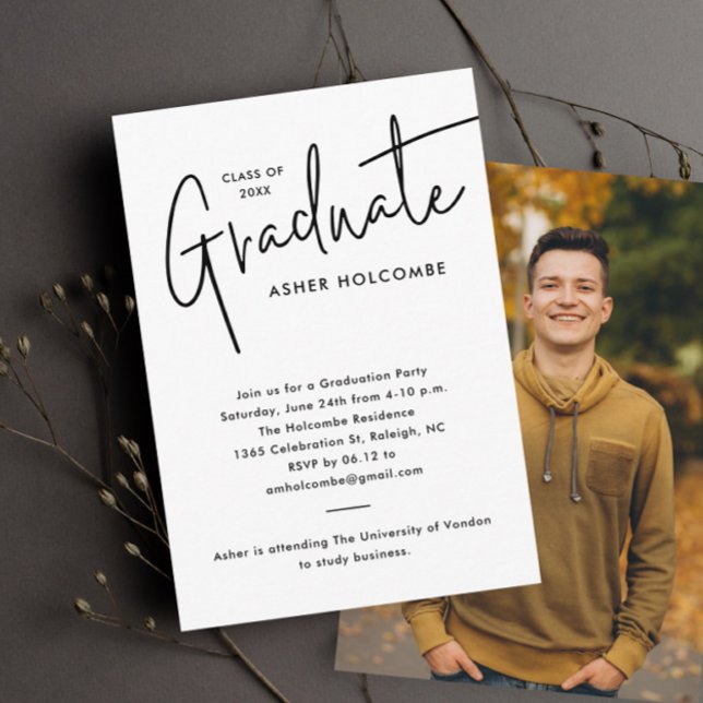 Modern Script Graduate Simple Photo Graduation Enclosure Card (Modern script simple black and white graduation photo invitation or announcement enclosure cards.)
