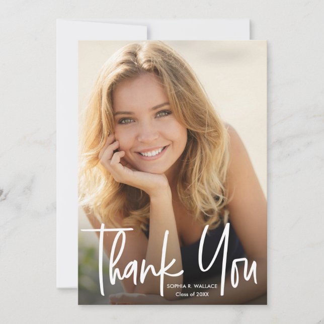 Modern Script Graduate Simple Photo Graduation Thank You Card (Front)