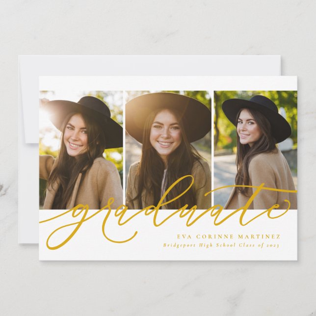 Modern script graduate three photo gold graduation announcement (Front)