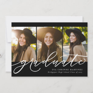 Modern script graduate three photo graduation announcement