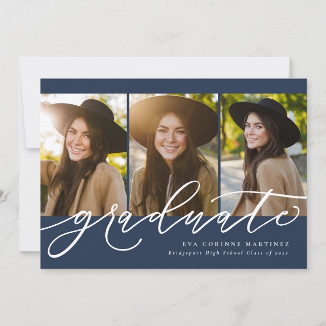 Modern script graduate three photo navy graduation announcement (Front)