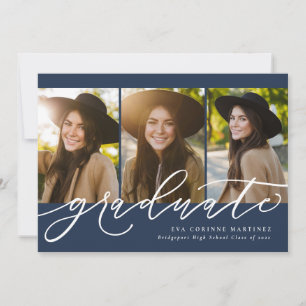 Modern script graduate three photo navy graduation announcement