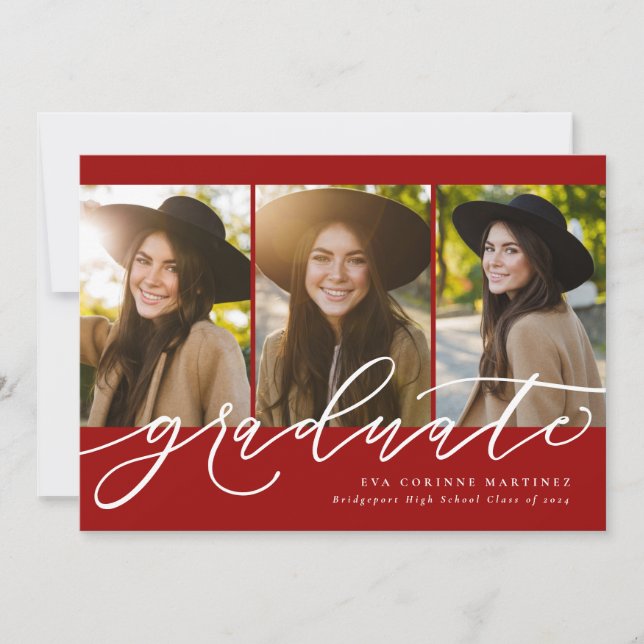 Modern script graduate three photo red graduation announcement (Front)