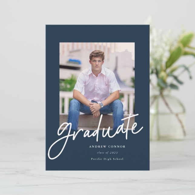 Modern Script Graduation Announcement Navy (Standing Front)