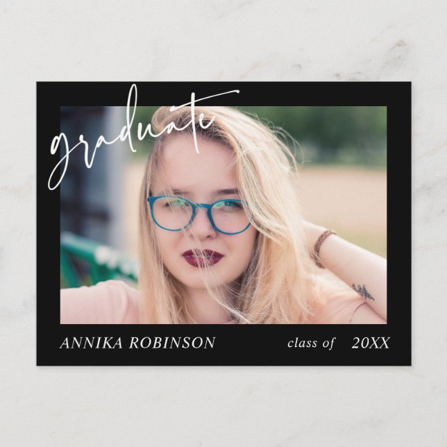 Modern Script graduation announcement on Black Postcard (Front)