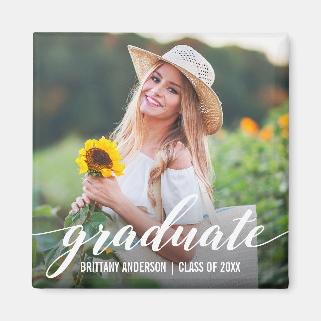 Modern Script Graduation Announcement Photo Sq Magnet (Front)