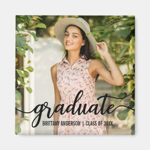 Modern Script Graduation Announcement Photo Square Magnet