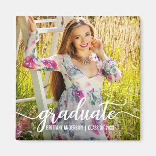 Modern Script Graduation Announcement Photo W Sq Magnet