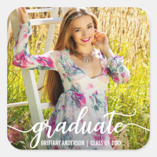 Modern Script Graduation Announcement Photo W Square Sticker