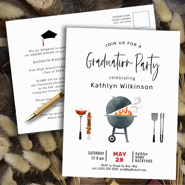 Modern Script Graduation BBQ Party Invitation Postcard (Creator Uploaded)
