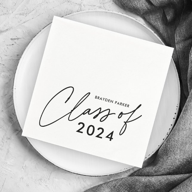 Modern Script Graduation Class Napkin (Simple black and white script class of 2024 (editable year) graduation party napkins.)