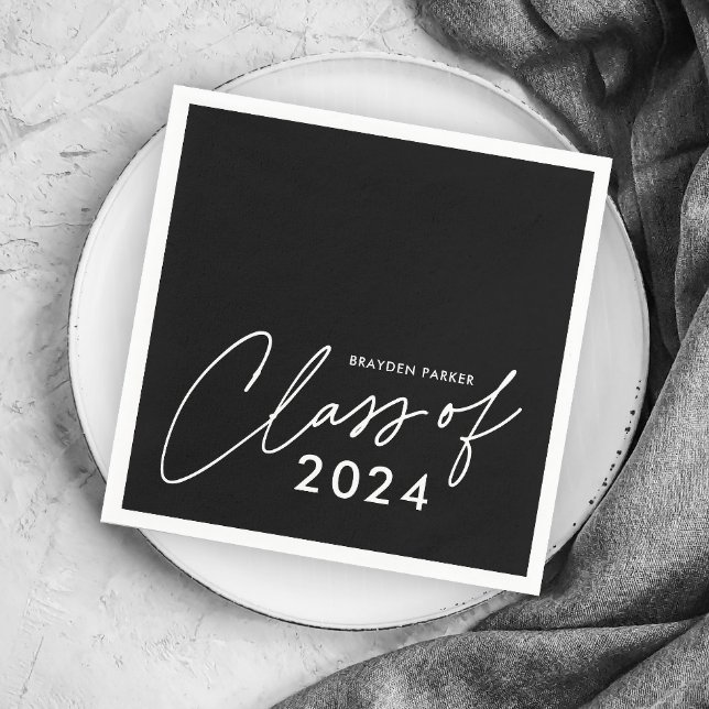 Modern Script Graduation Class Napkin (Simple Class of 2024 (editable year) black and white graduation party napkins.)