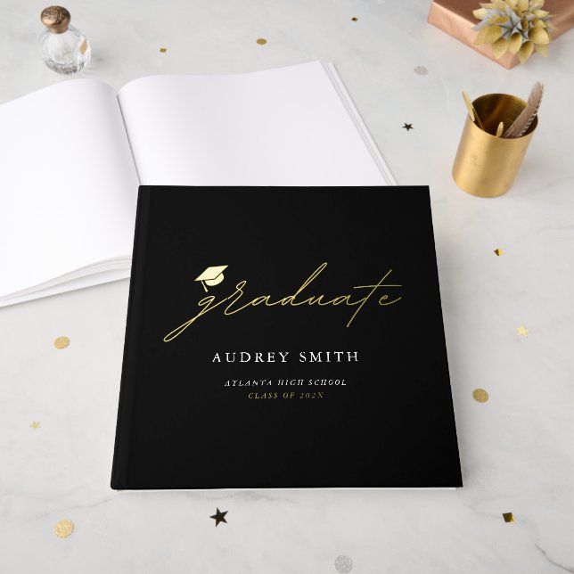 Modern Script Graduation Hat Party Napkins Guest Book (Front Open)