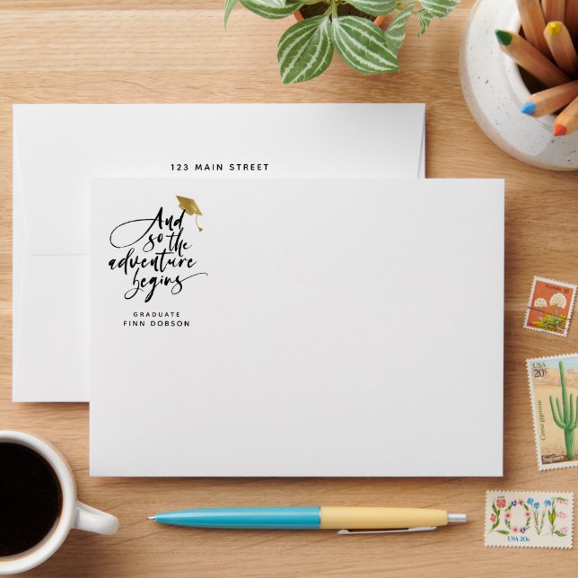 Modern Script Graduation Party Adventure begins  Envelope (Desk)