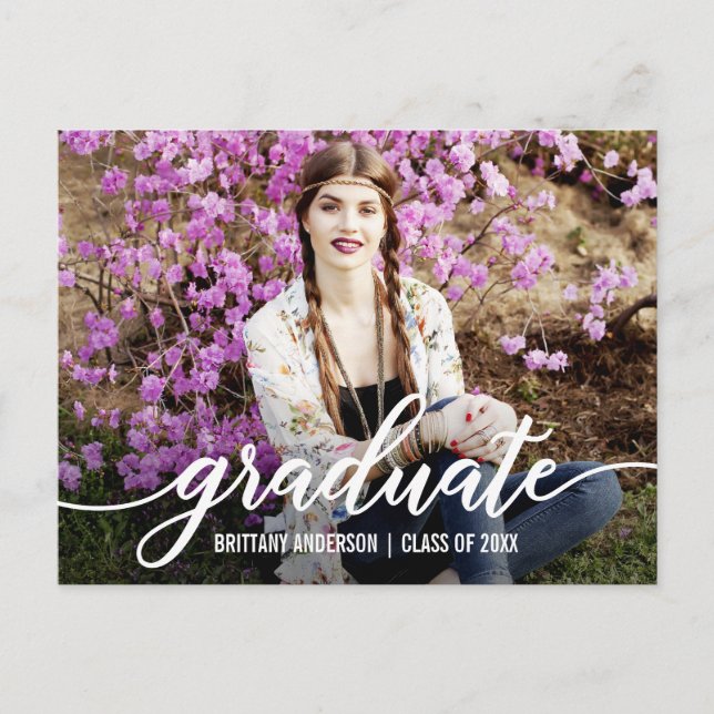 Modern Script Graduation Photo Announcement Wt (Front)