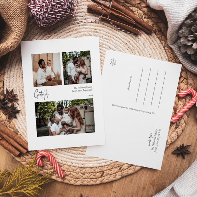 Modern Script Grateful Centred Three-Photo Holiday Postcard (Creator Uploaded)