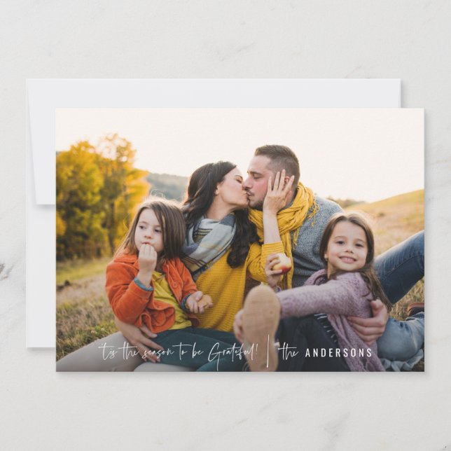 Modern script grateful photo holiday card (Front)