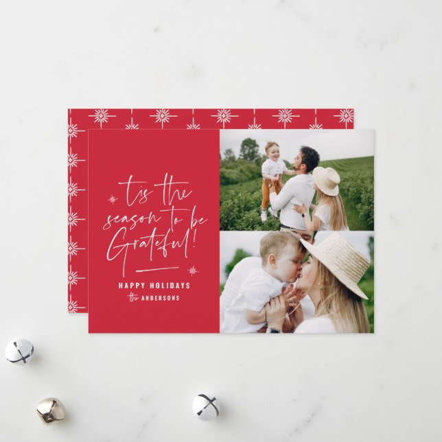 Modern script grateful photo holiday card (Front/Back In Situ)